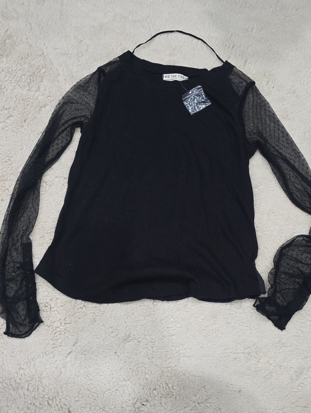 We The Free Black Long Sleeve Top with Sheer Dotted Mesh Sleeves